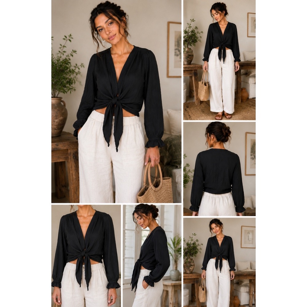 Serengeti Tie Front Top Womens Medium Black Cotton Wrap Crop Boho Long Sleeve